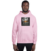 Light pink pullover hoodie with hood and front graphic print.