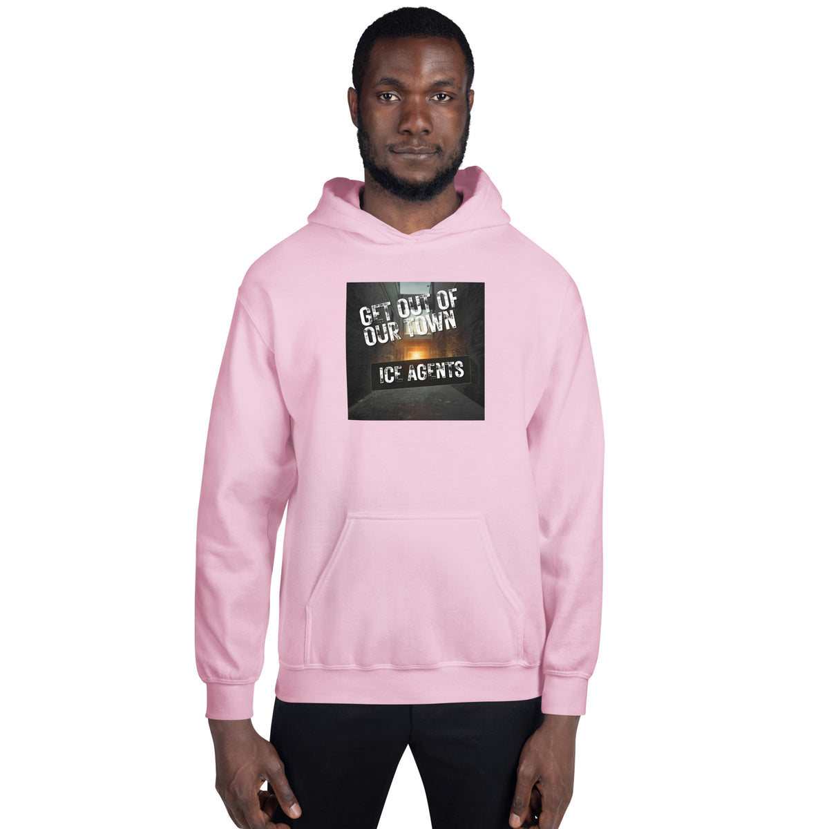 Light pink pullover hoodie with hood and front graphic print.