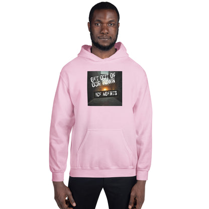 Light pink pullover hoodie with hood and front graphic print.