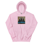 Light pink pullover hoodie with front graphic print and adjustable hood