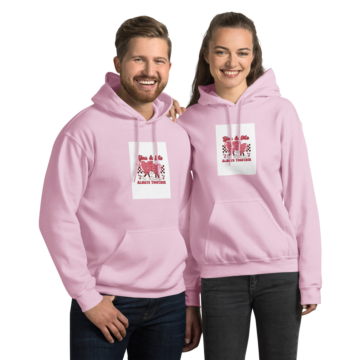 Light pink pullover hoodie with hood and front pocket, square chest graphic print.