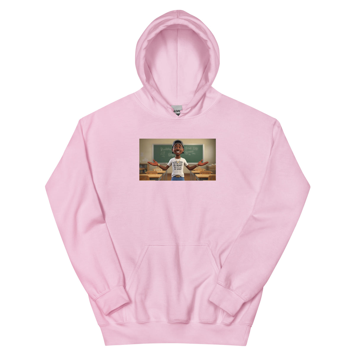 Unisex pullover hoodie in light pink with chest graphic and front kangaroo pocket