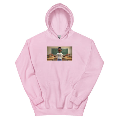 Unisex pullover hoodie in light pink with chest graphic and front kangaroo pocket