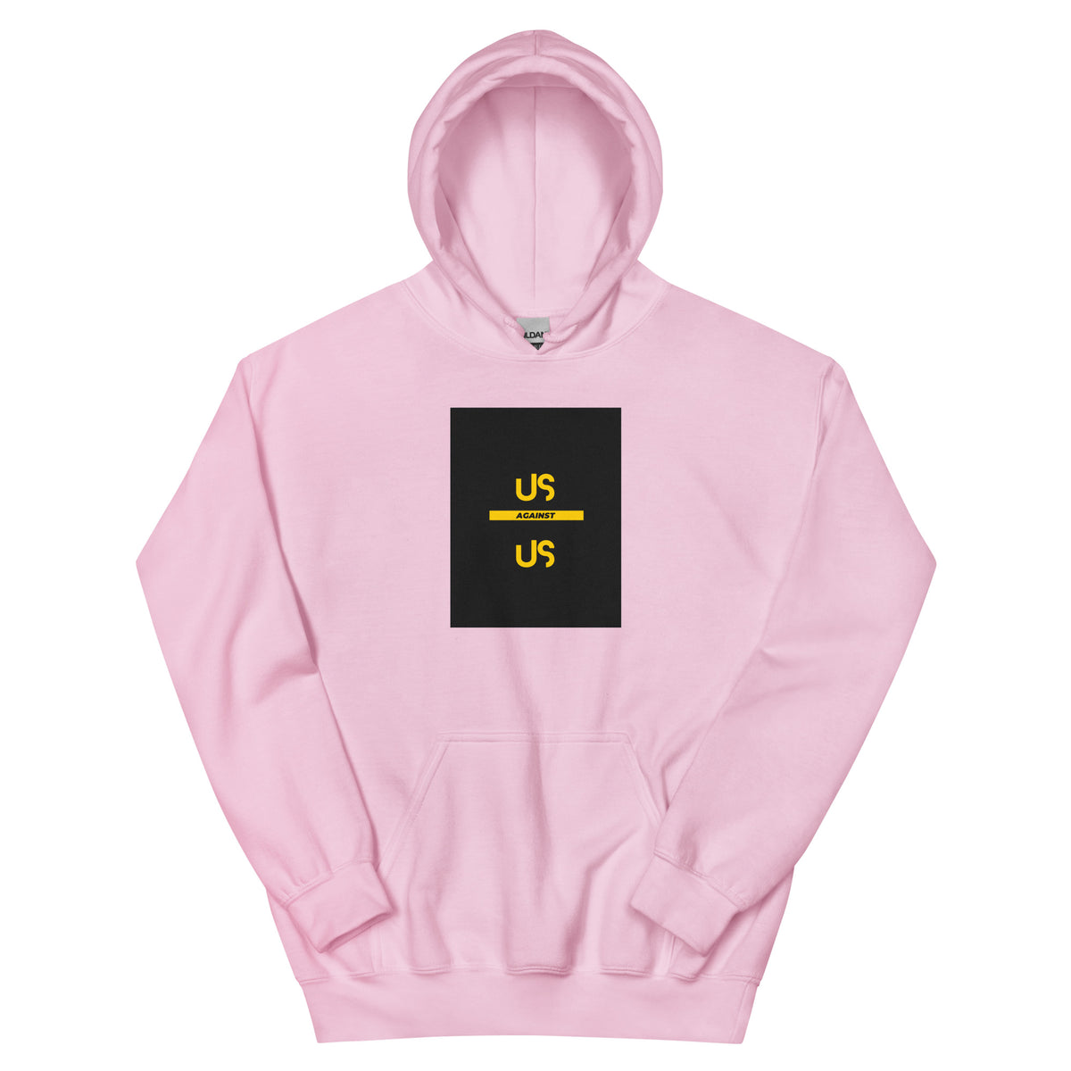 Light pink unisex hoodie with square chest graphic print and front kangaroo pocket