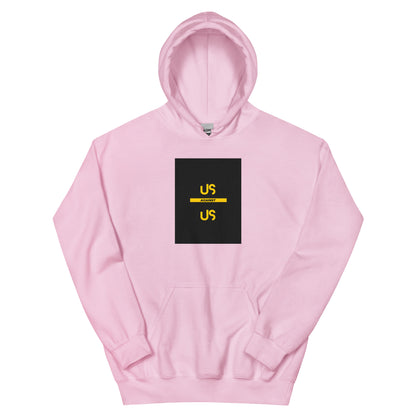 Light pink unisex hoodie with square chest graphic print and front kangaroo pocket