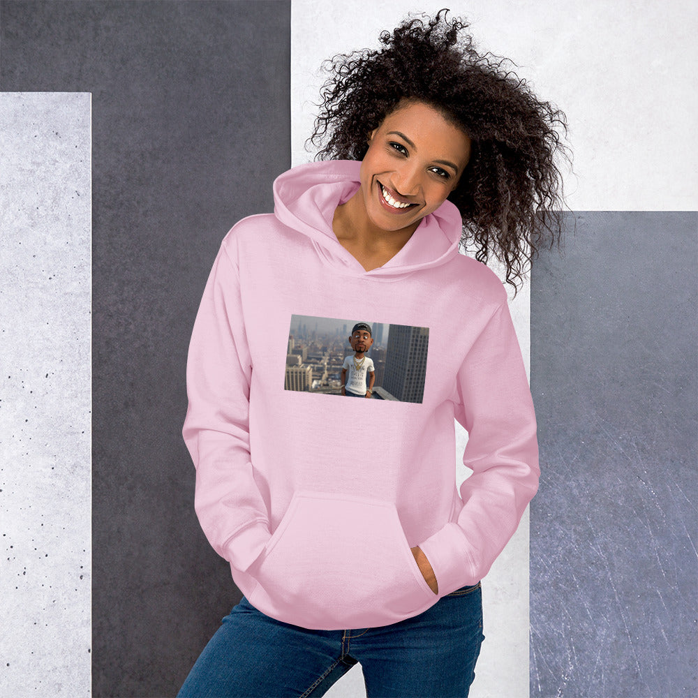 Light pink pullover hoodie with hood, front pocket, and rectangular chest photo graphic.