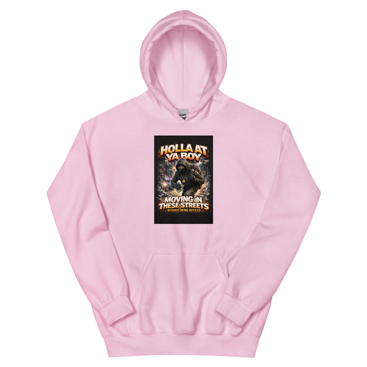 Light pink pullover hoodie with front graphic print and kangaroo pocket