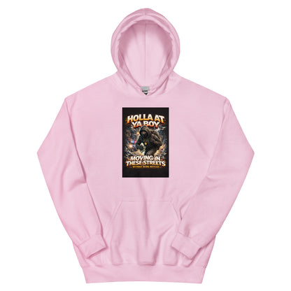 Light pink pullover hoodie with front graphic print and kangaroo pocket