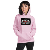 Unisex pink hoodie with hood, front pocket, and Streets Jail or Death graphic on chest.