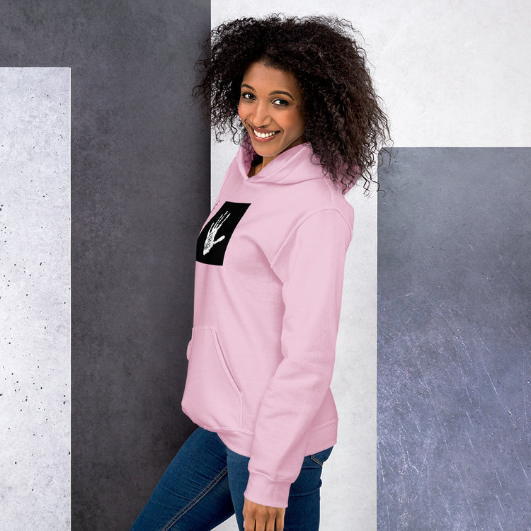 Pink unisex hoodie with hood, side view, black logo graphic