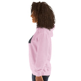 Light pink unisex pullover hoodie side view with hood and kangaroo pocket
