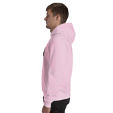Light pink unisex hoodie with hood, side view, kangaroo pocket.