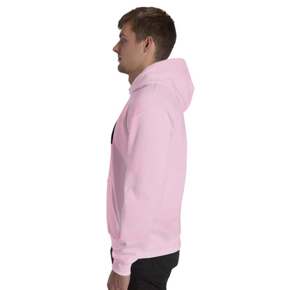 Pink unisex hoodie, side view, hood and full-length sleeves