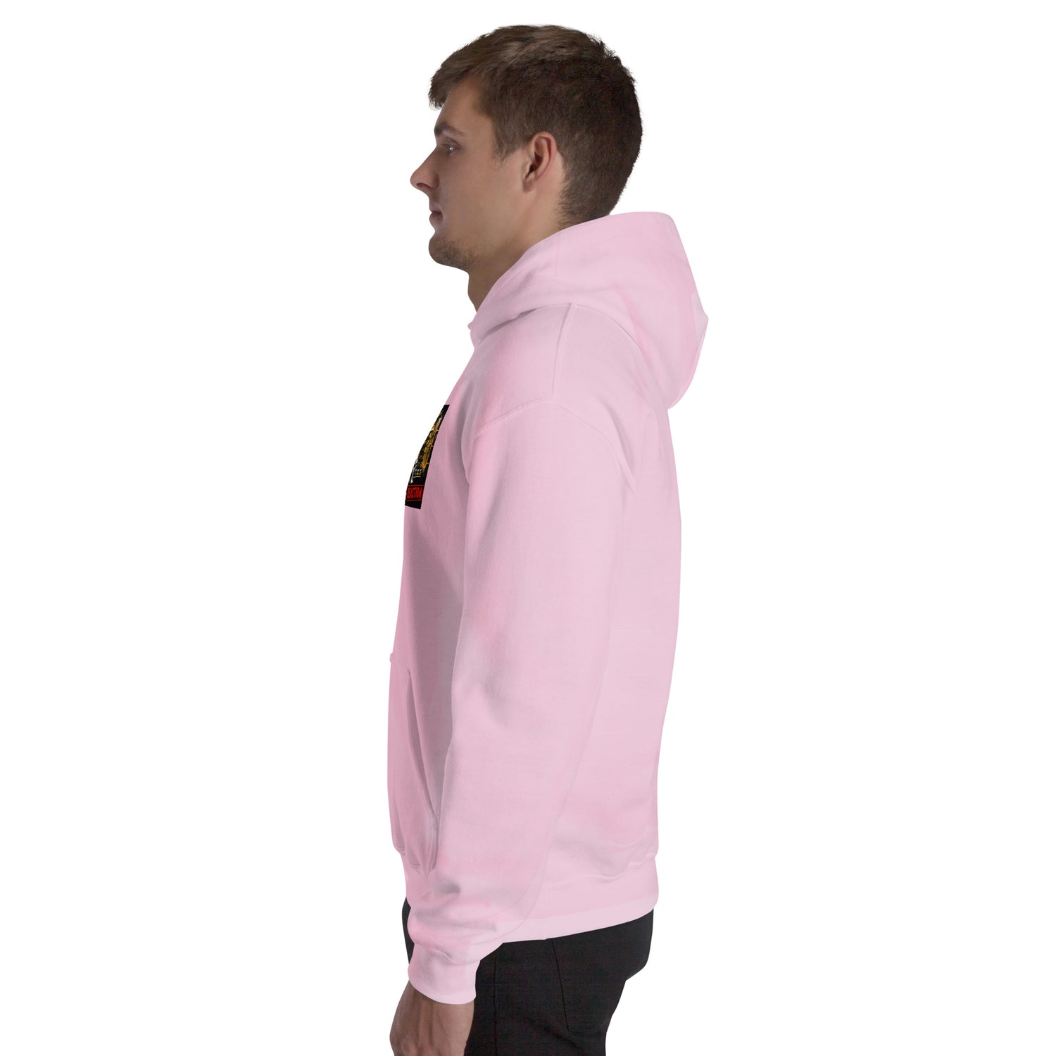 Light pink unisex hoodie from the side, with hood and kangaroo pocket