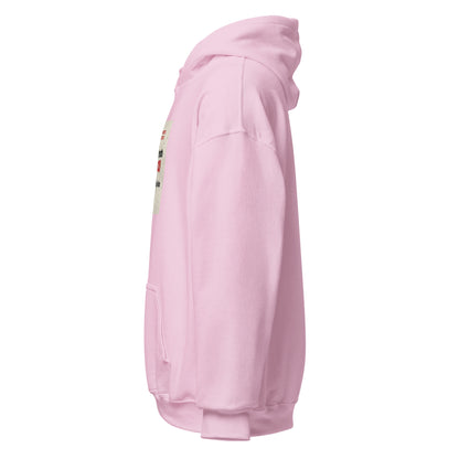 Light pink unisex pullover hoodie side view with hood, pocket, and sleeve graphic