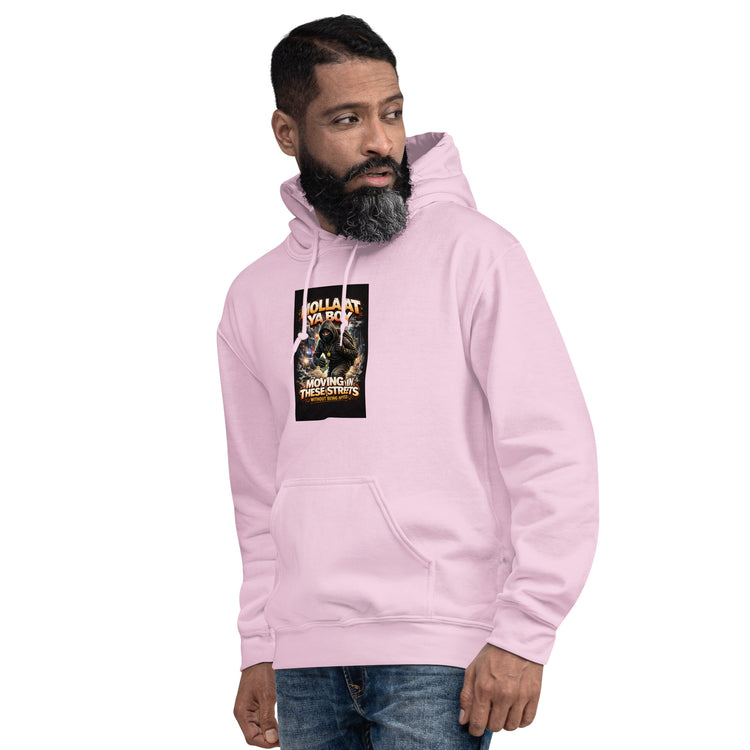 Light Pink unisex hoodie front view, hood, drawcords, chest graphic