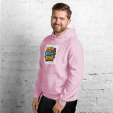 Pink unisex hoodie with front logo graphic, kangaroo pocket, and drawstring hood