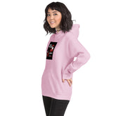 Unisex light pink hoodie with hood, kangaroo pocket, and square chest graphic