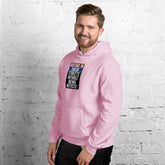 Unisex hoodie, pink, front graphic print on chest with drawstring hood.