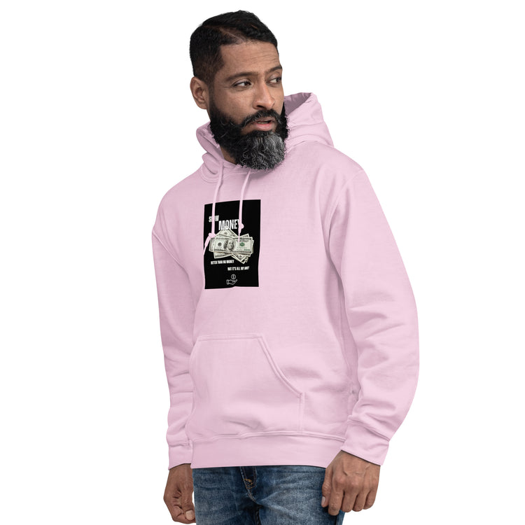 Light pink unisex hoodie with front graphic and pouch pocket, drawstring hood