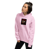 Light pink unisex hoodie with hood, kangaroo pocket, and chest graphic