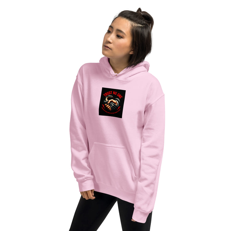 Light pink unisex hoodie with hood, kangaroo pocket, and chest graphic