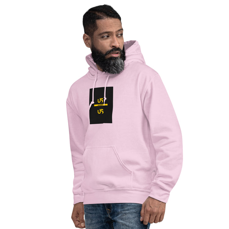 Unisex hoodie in light pink, front view with hood and kangaroo pocket