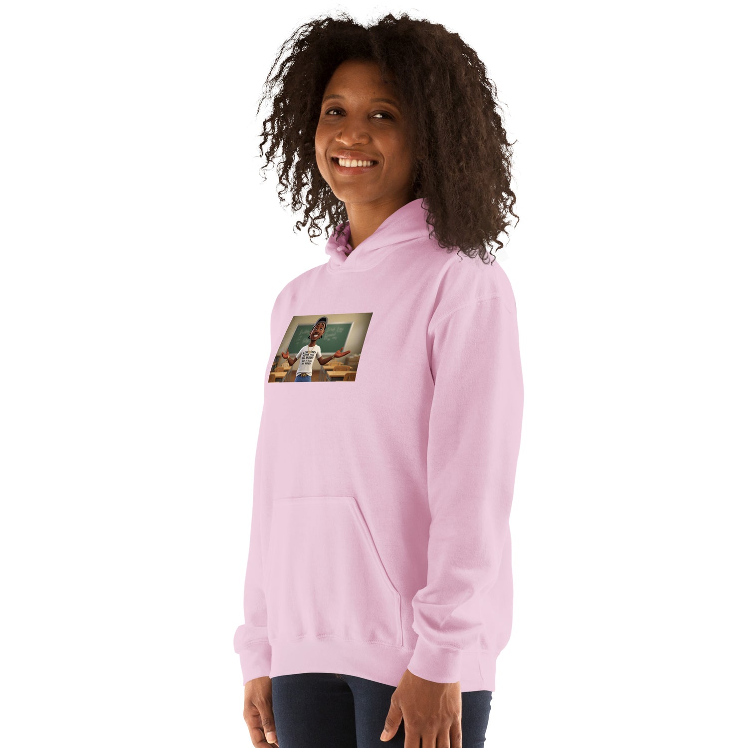 Light pink hoodie front view with graphic print and hood