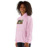 Light pink hoodie front view with graphic print and hood