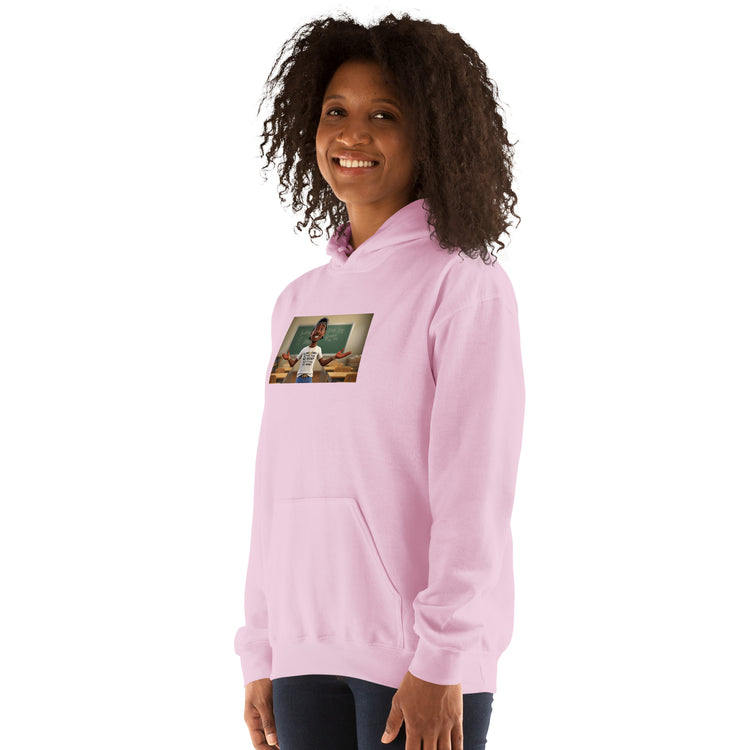 Light pink hoodie front view with graphic print and hood