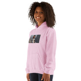 Light pink unisex pullover hoodie front view with hood, kangaroo pocket, and graphic