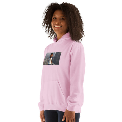 Felpa unisex rosa chiaro con cappuccio, tasca a marsupio e stampa sul petto