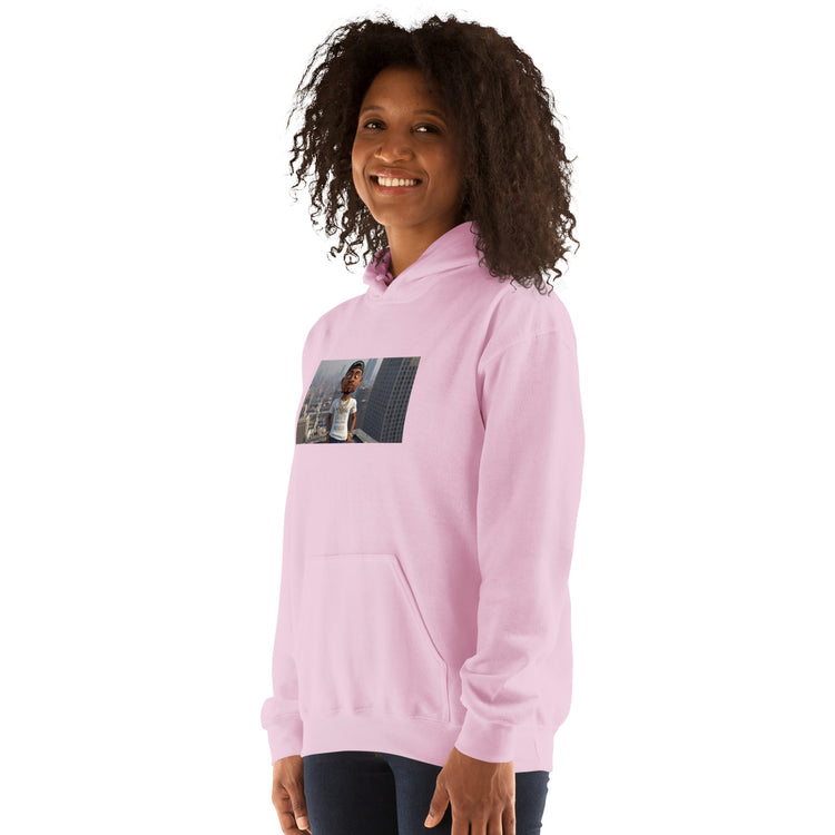 Light pink unisex pullover hoodie front view with hood, kangaroo pocket, and graphic