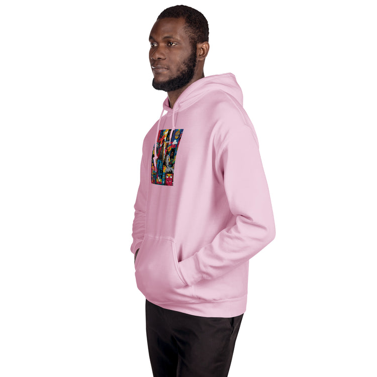 Pink unisex hoodie in side profile with front graphic print and hood