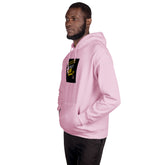 Light pink unisex hoodie with front graphic, side profile