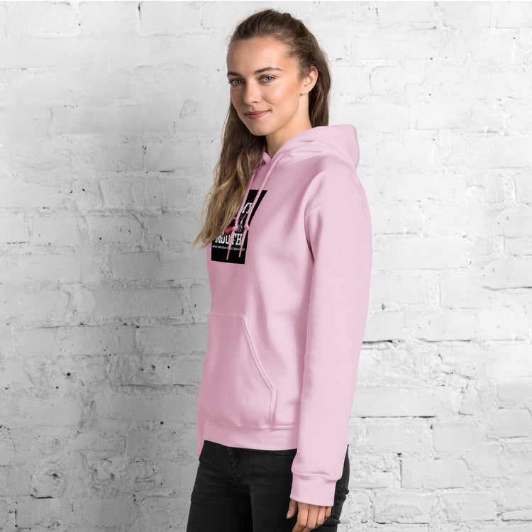 Light pink unisex hoodie with front logo patch and kangaroo pocket