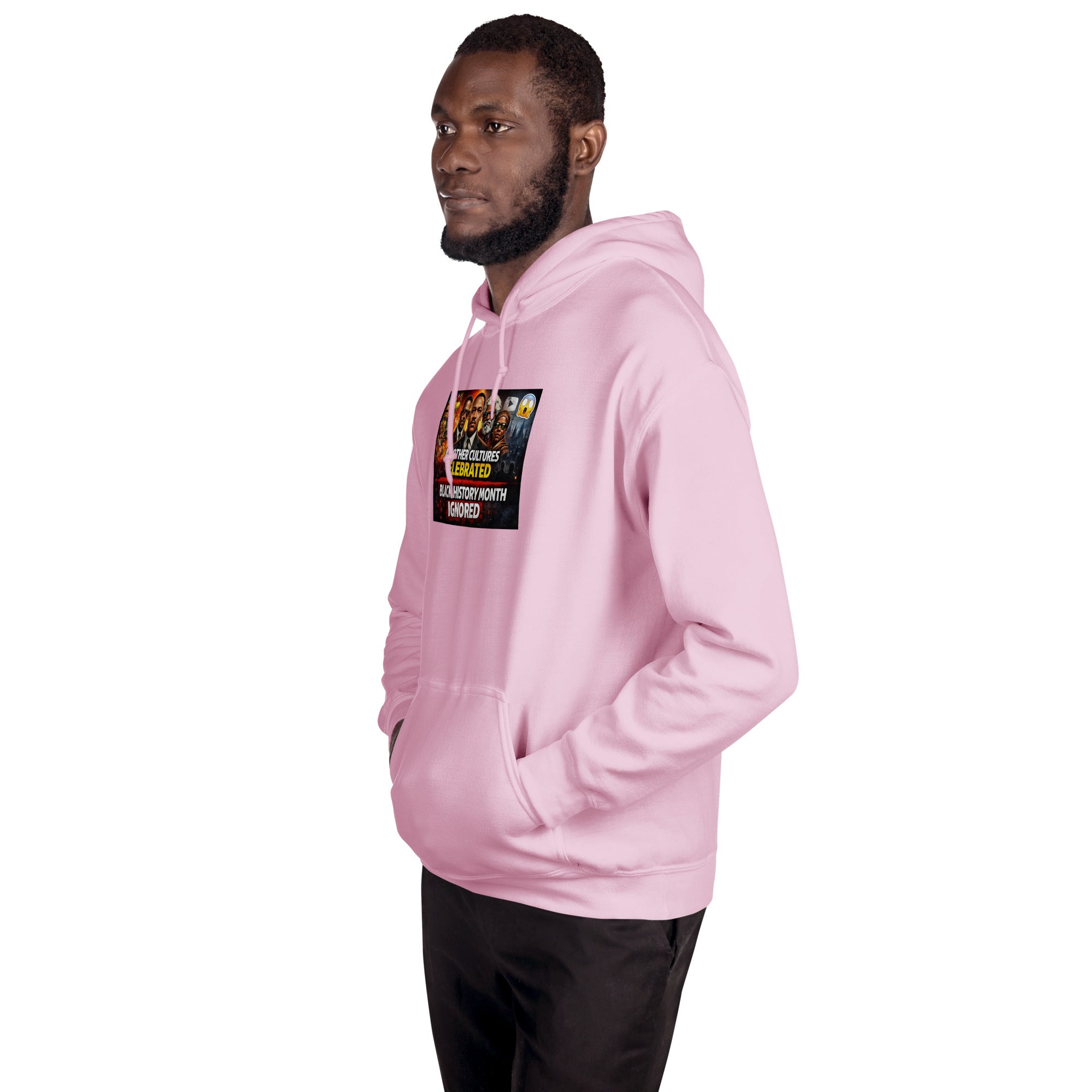 Light pink unisex hoodie, side view showing front chest graphic