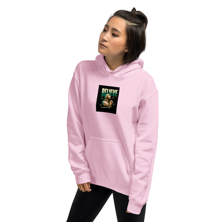 Light Pink unisex hoodie with BELIEVE chest print and kangaroo pocket