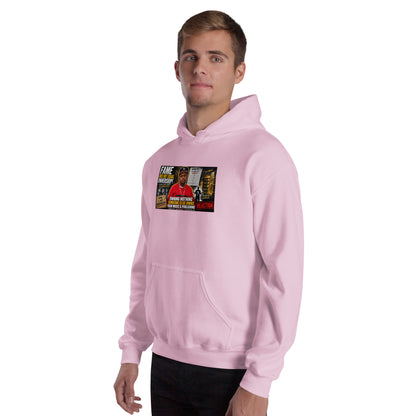 Light pink unisex hoodie with front graphic panel, hood, and kangaroo pocket
