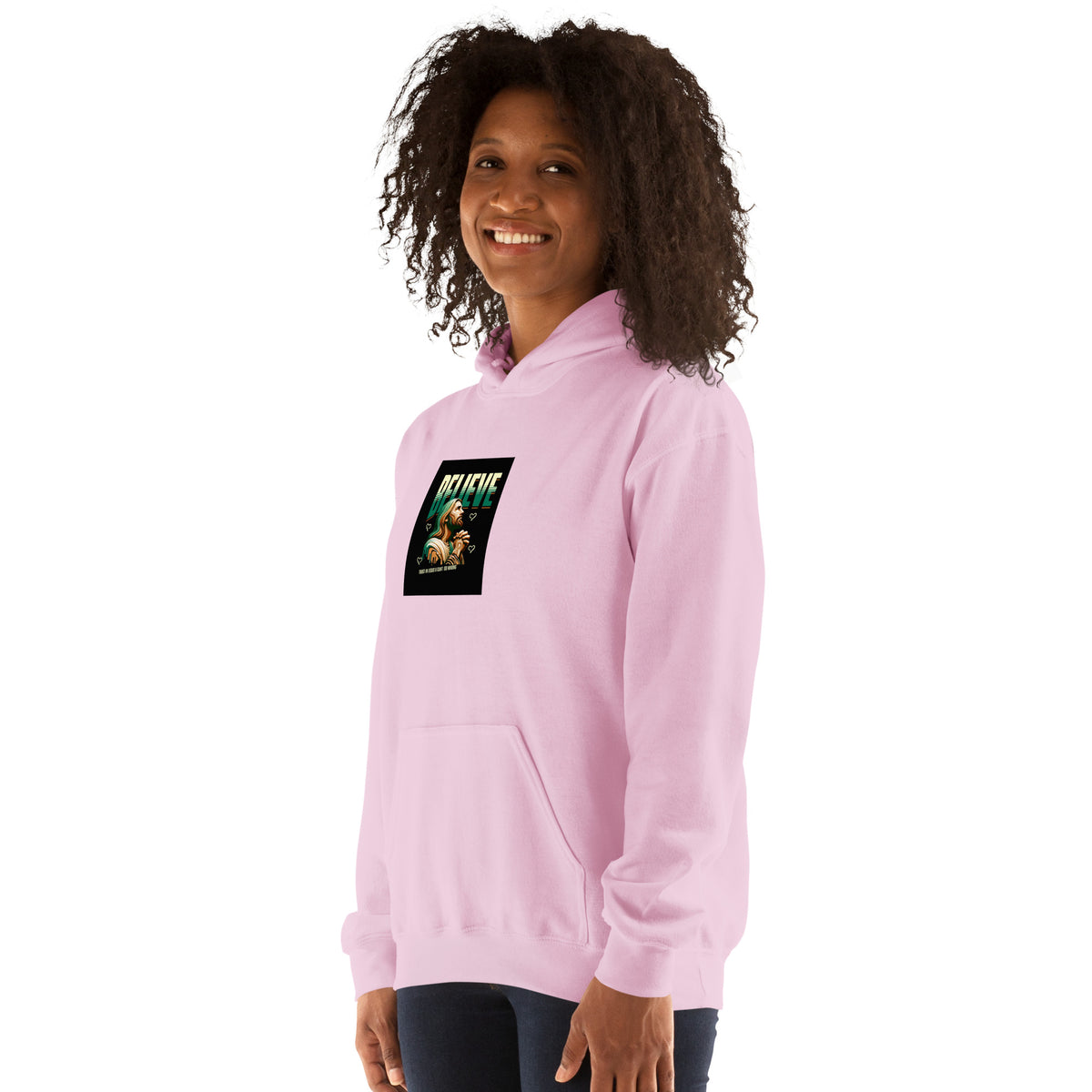 Light pink pullover hoodie with hood, kangaroo pocket, and chest logo graphic