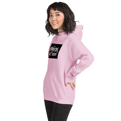 Unisex pink hoodie with hood and front pocket; Streets Jail or Death graphic on front.