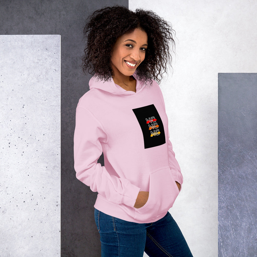 Pink unisex hoodie with drawstring hood and square chest graphic