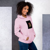 Unisex light pink hoodie front view with pullover hood and square graphic patch