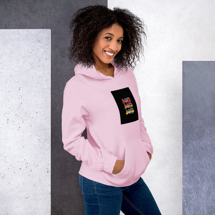 Unisex light pink hoodie front view with pullover hood and square graphic patch