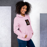 Unisex pink hoodie with hood and small front graphic patch, side front view