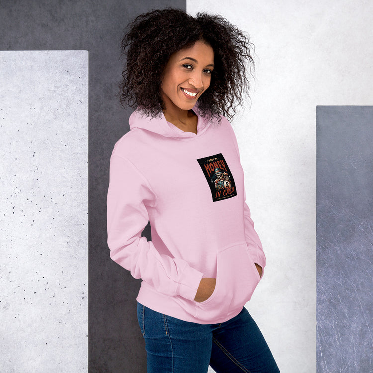 Unisex pink hoodie with hood and small front graphic patch, side front view