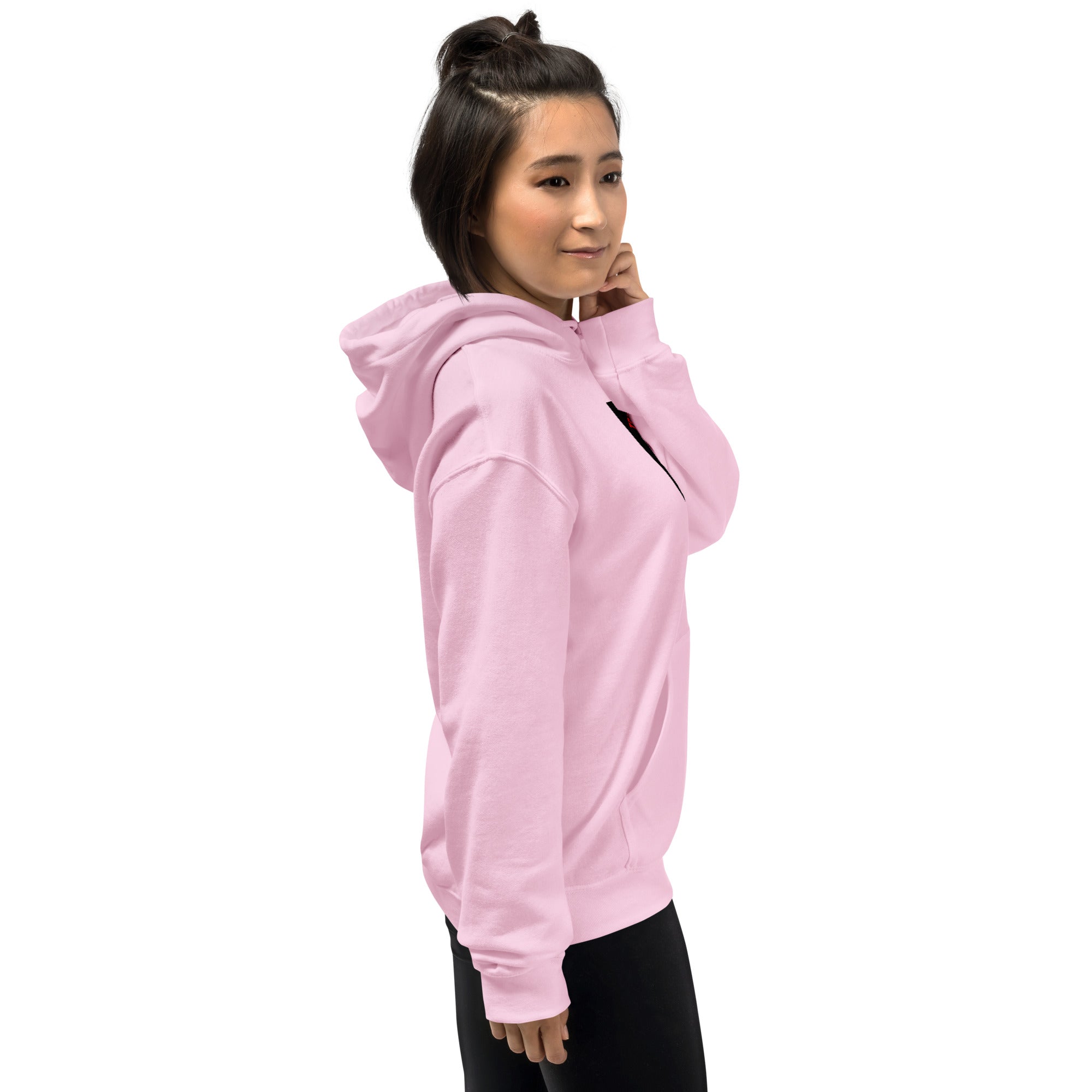 Pink unisex hoodie angled front view with hood up and kangaroo pocket