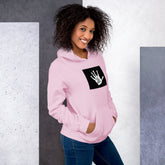 Pink unisex hoodie with hood and front pouch pocket, black logo rectangle