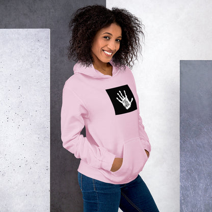 Sudadera unisex rosa con capucha y logo negro cuadrado en el pecho