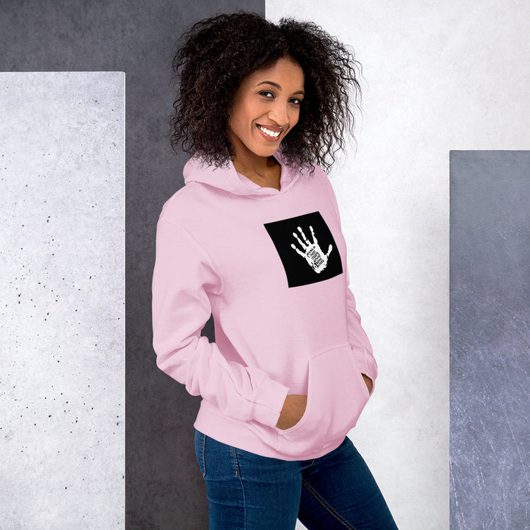 Pink unisex hoodie with hood and front pouch pocket, black logo rectangle